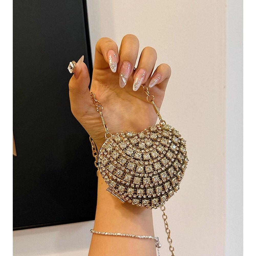 Elegantly Small Rhinestone Heart Clutch for Women - Perfect Evening Bag - Picture 3 of 8